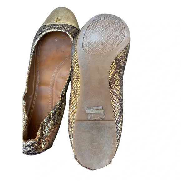 Tory Burch Snakeskin Metallic gold flats with small back hee size 9 - Picture 7 of 9
